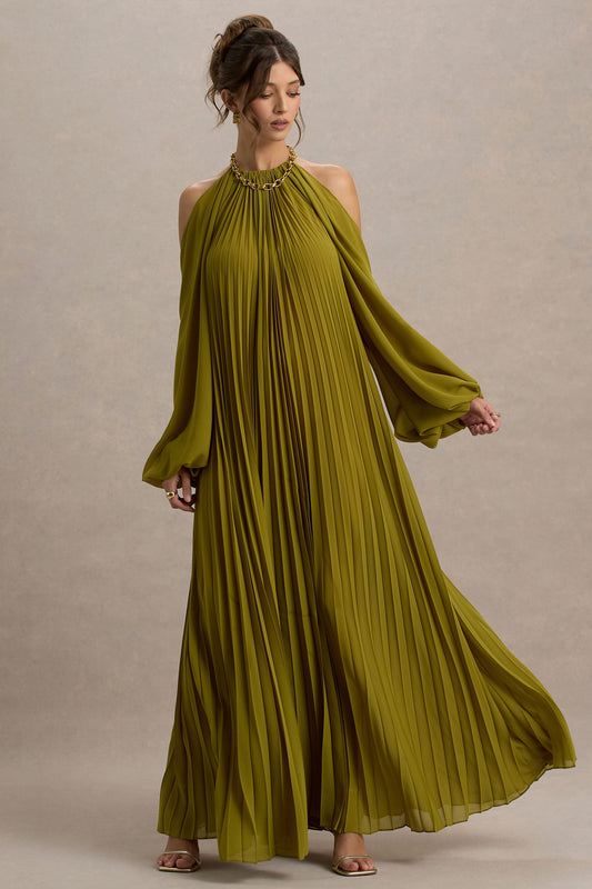 Reyna | Olive Pleated Chiffon Cold-Shoulder Maxi Dress