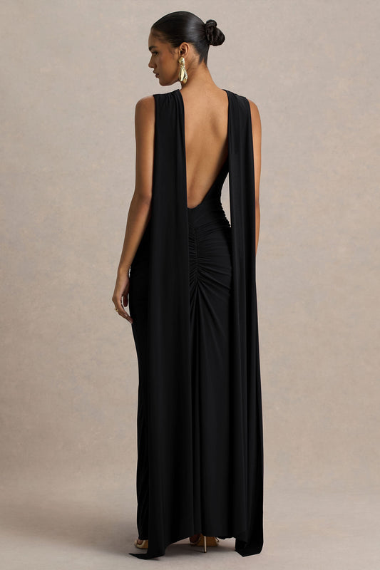 Premiere | Black Boat-Neck Maxi Dress With Open-Back And Cape-Sleeves