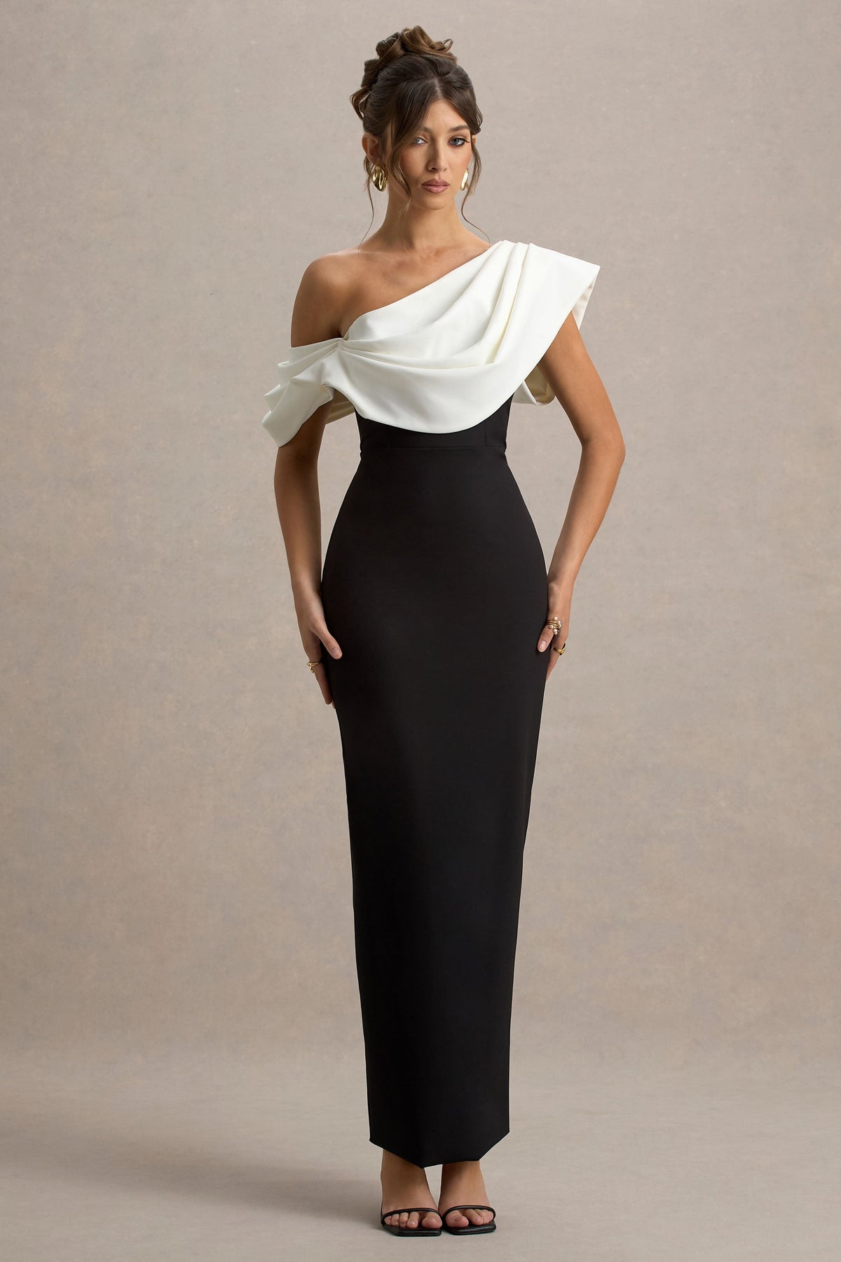 Angelina | Black & White Draped Shoulder Maxi Dress