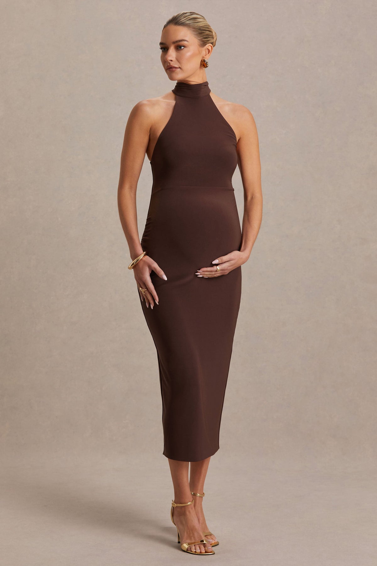 Mireille | Brown Halter-Neck Maternity Midi Dress