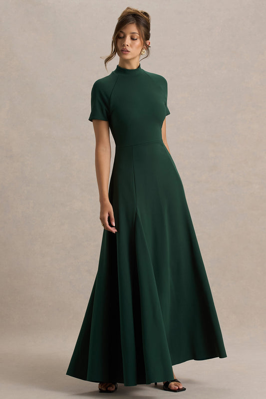 Alea | Dark Green High-Neck Short-Sleeve Maxi Dress