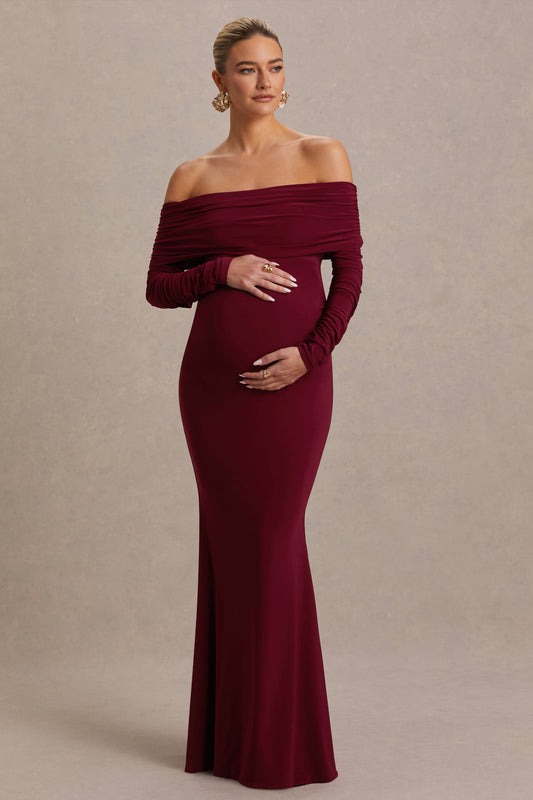 Odessa | Berry Bardot-Neck Maternity Maxi Dress