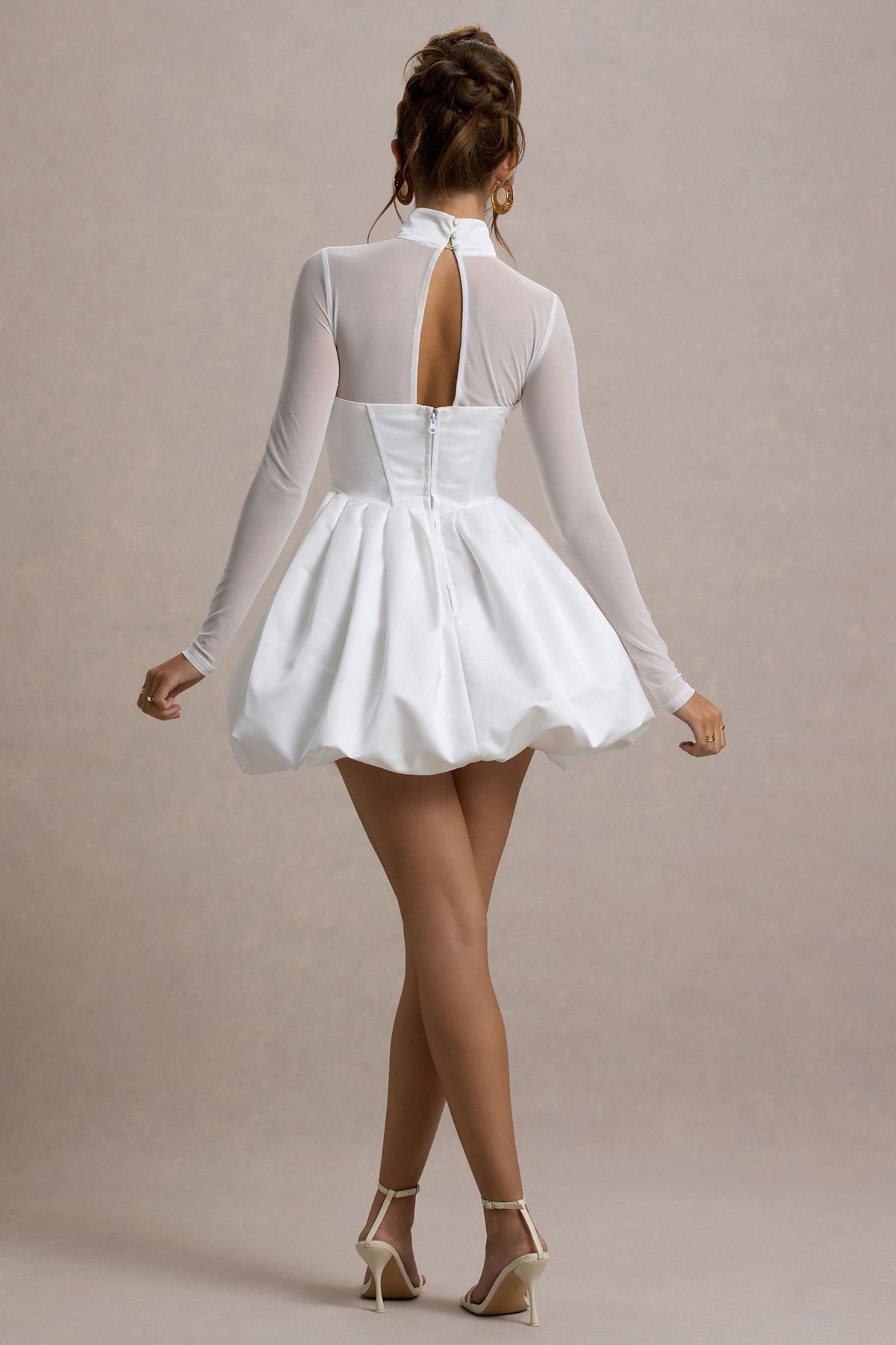 Tinkerbell | White Satin Long-Sleeve Puffball Mini Dress