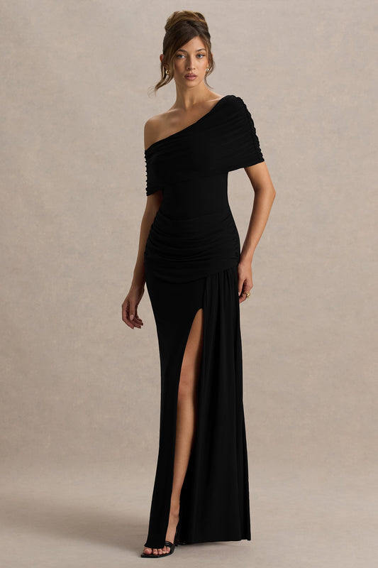 Dynasty | Black Asymmetric-Neck Maxi Dress With Ruched Detailing And Front High-Split