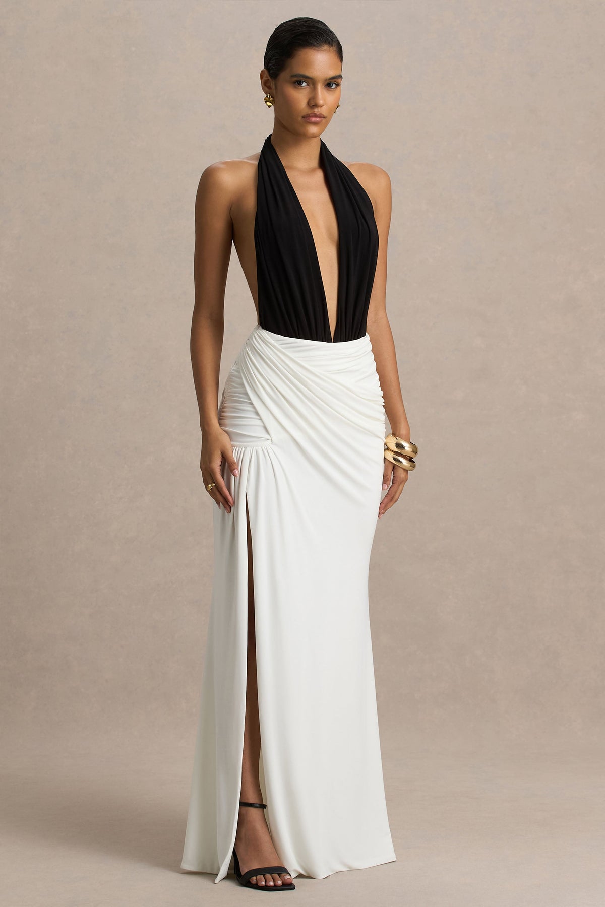 Tilly | Monochrome Jersey Ruched Plunge Wrap Maxi Dress With Open Back And Split