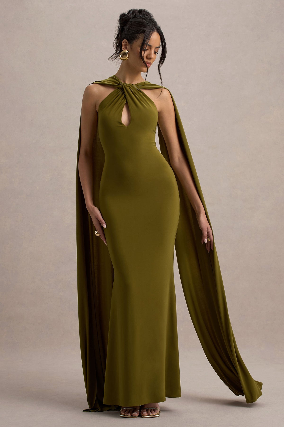 Rhoda | Green Twist Halter-Neck Cape Maxi Dress