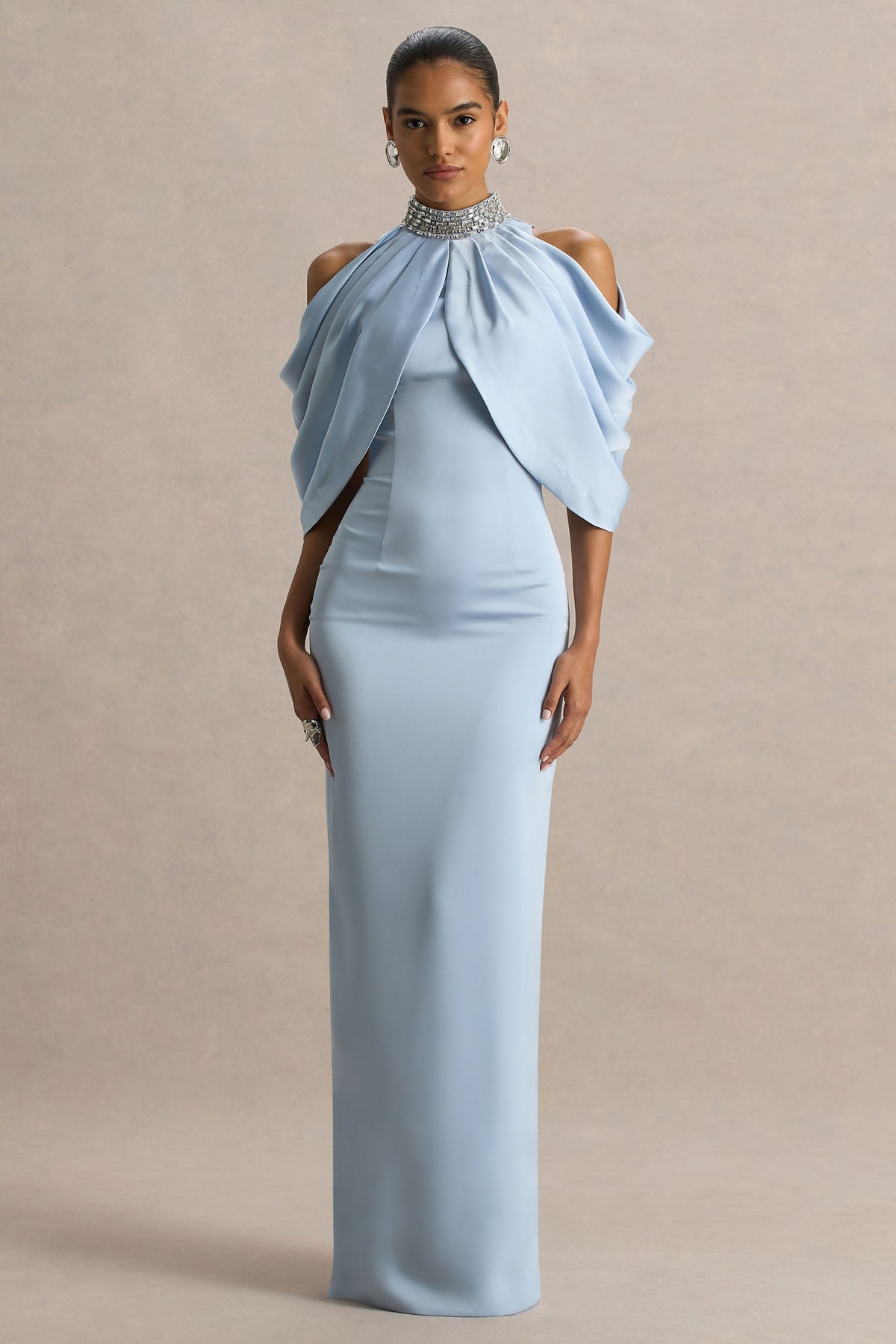 Sulliana | Powder Blue Satin High-Neck Maxi Dress With Embellished Detail And Cape Sleeves