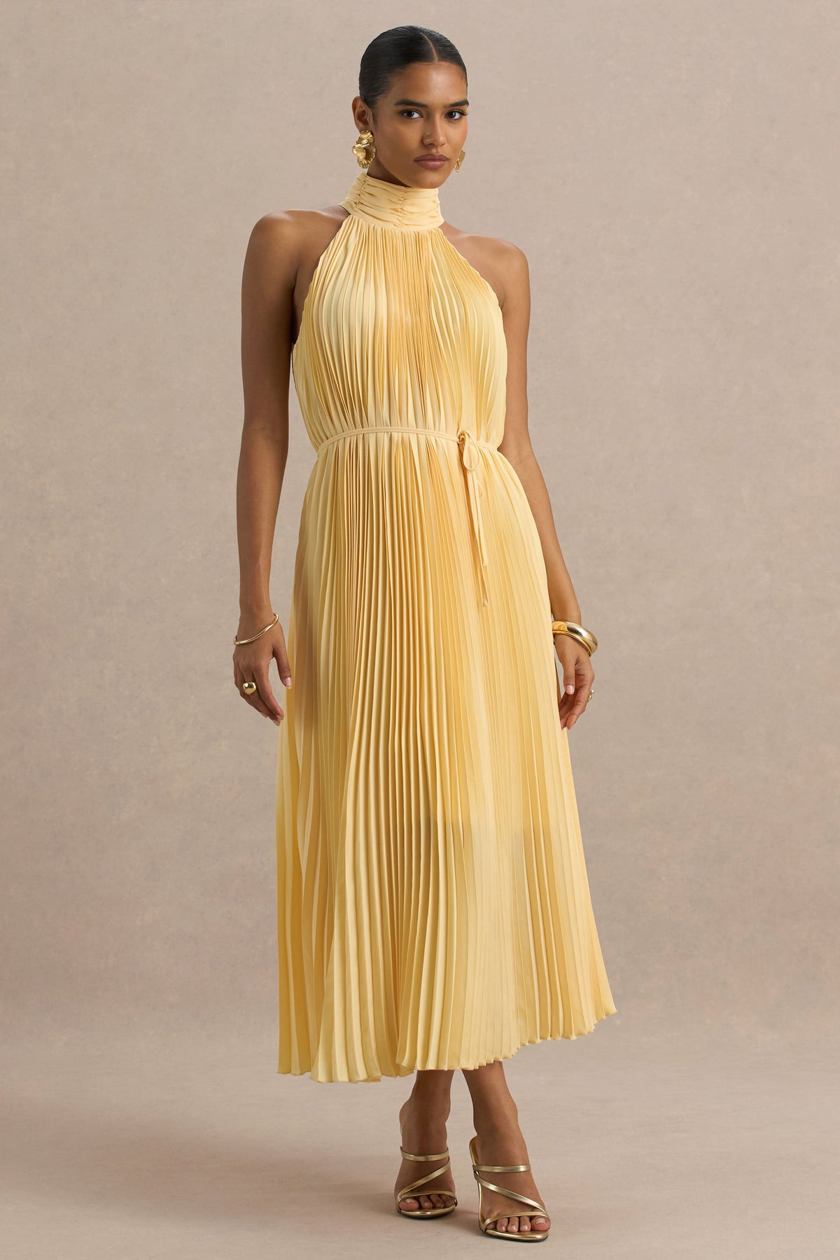 Tulip | Lemon Pleated High-Neck Midi Dress