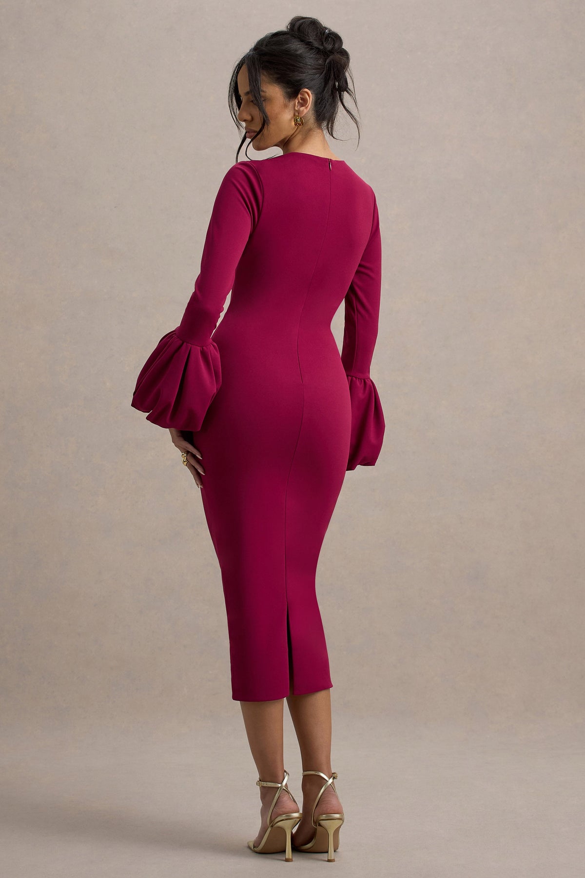 Celie | Mulberry Long-Sleeve Midi Dress With Puff Cuffs