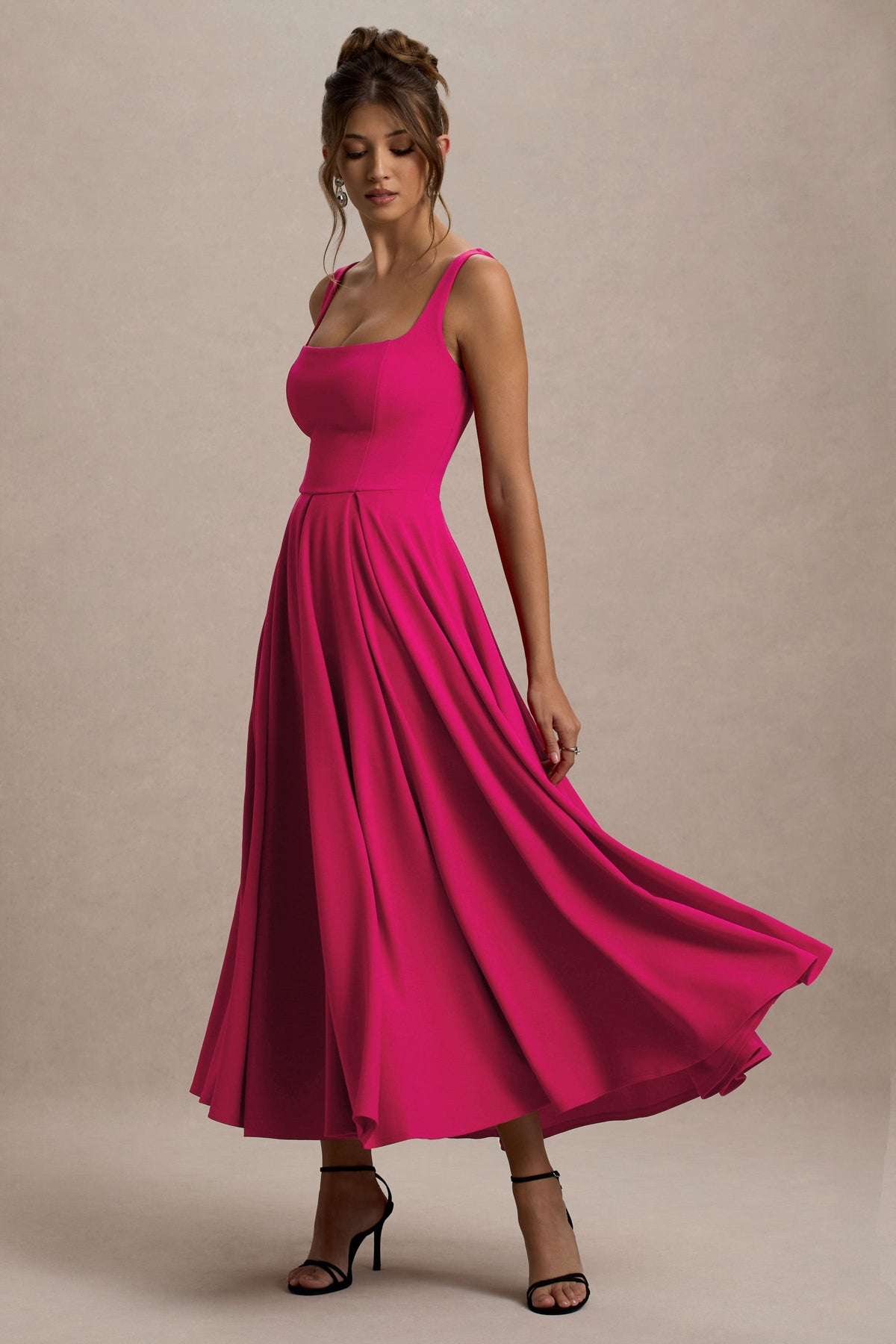 Parina | Hot Pink Scuba Square Neck A-Line Midi Dress
