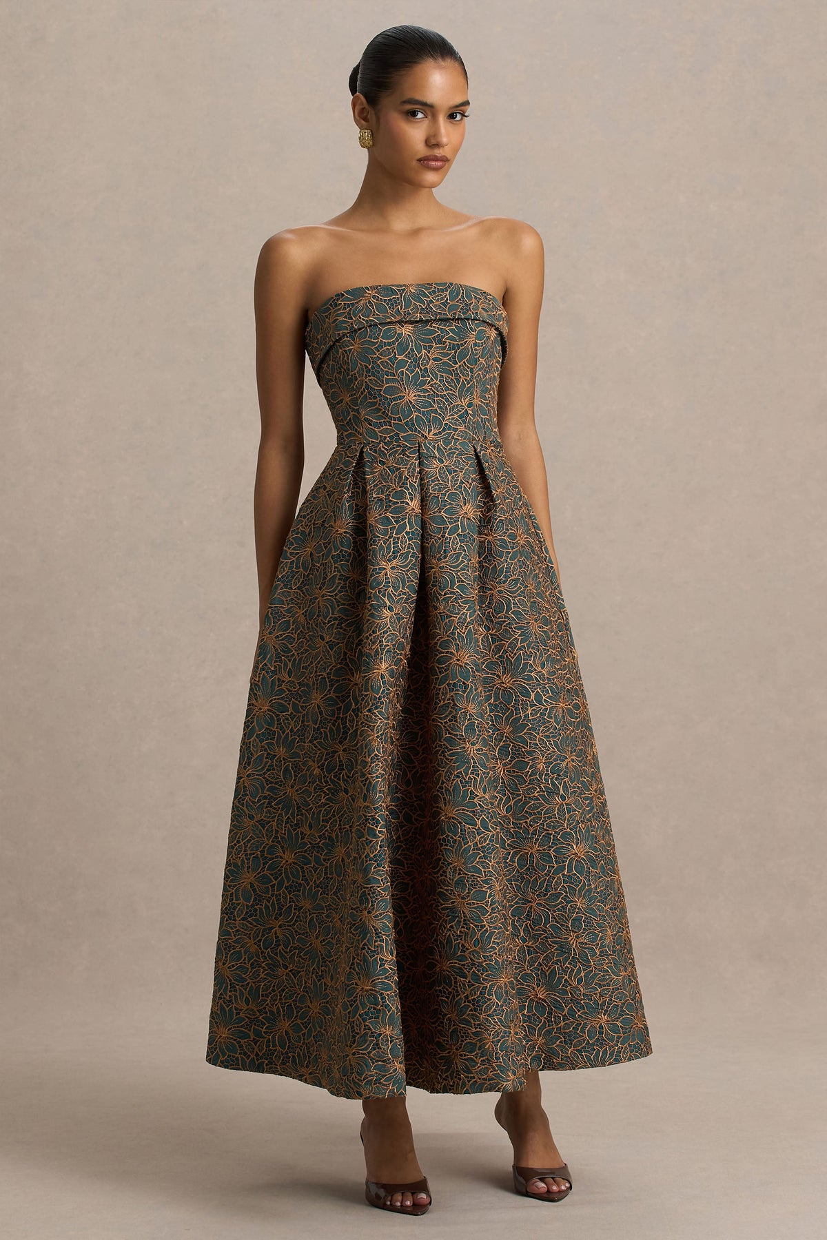 Loretta | Dark Green And Rust Embroidered Bandeau Midi Dress