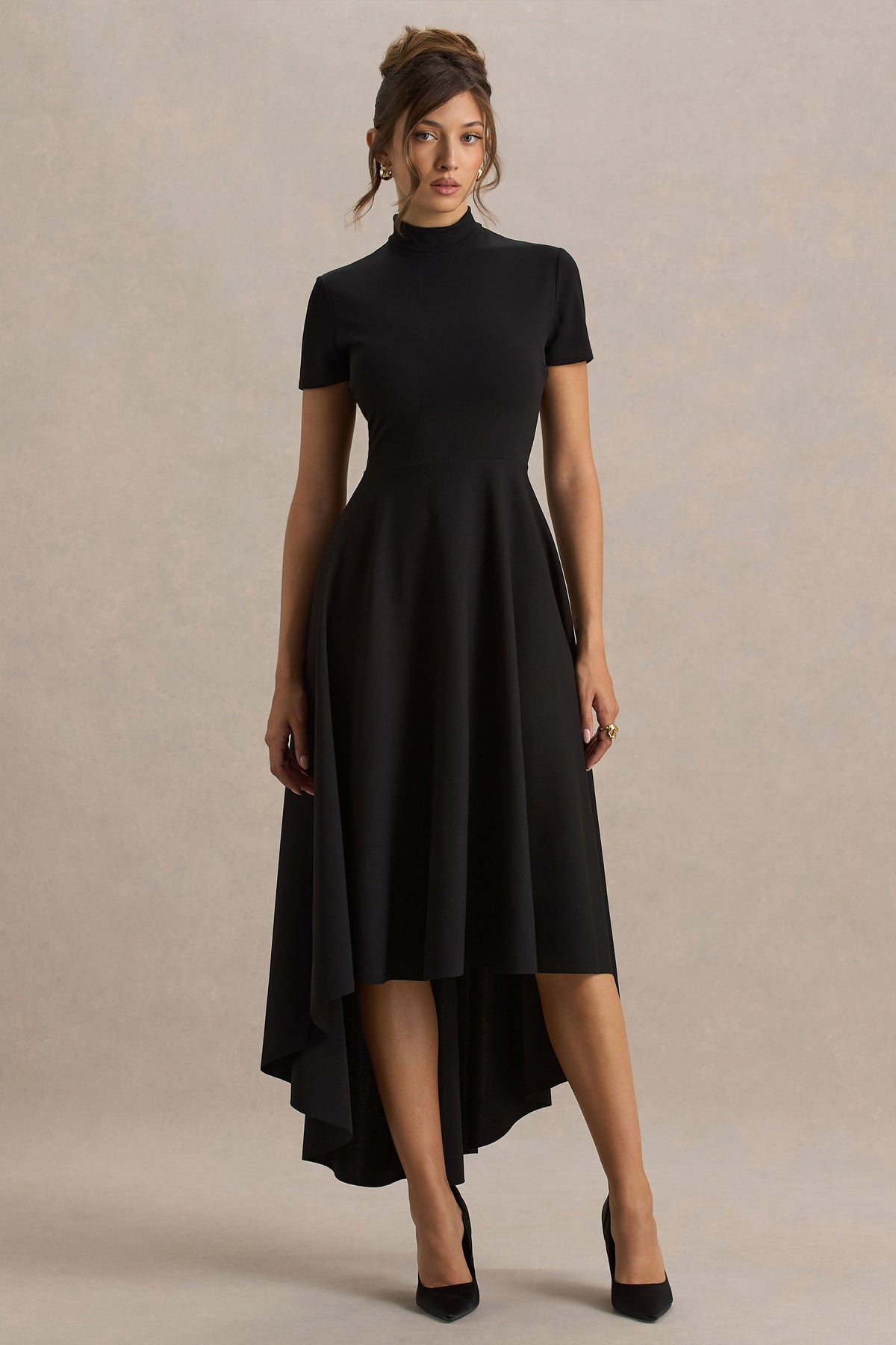 Bellona | Black High-Neck High-Low Midi Dress