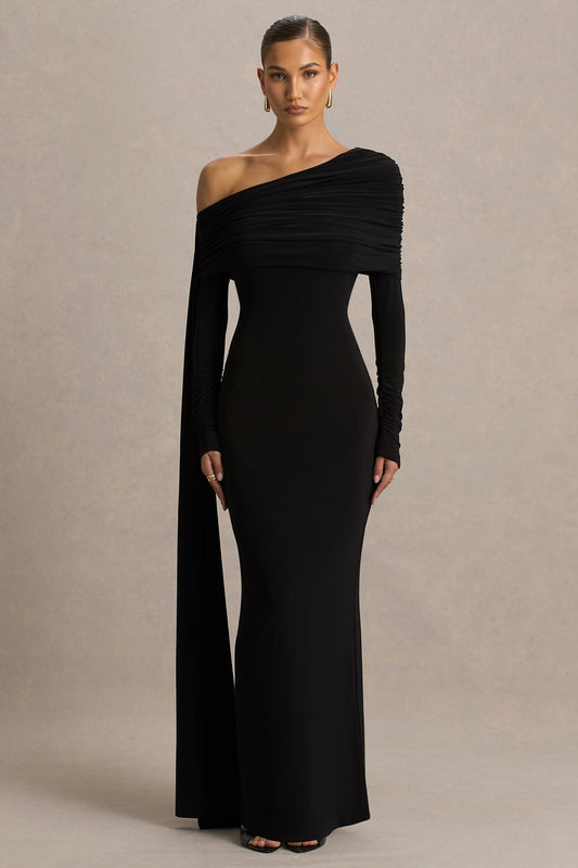 Octavia | Black Bardot-Neck Maxi Dress With Cape And Ruched Detailing