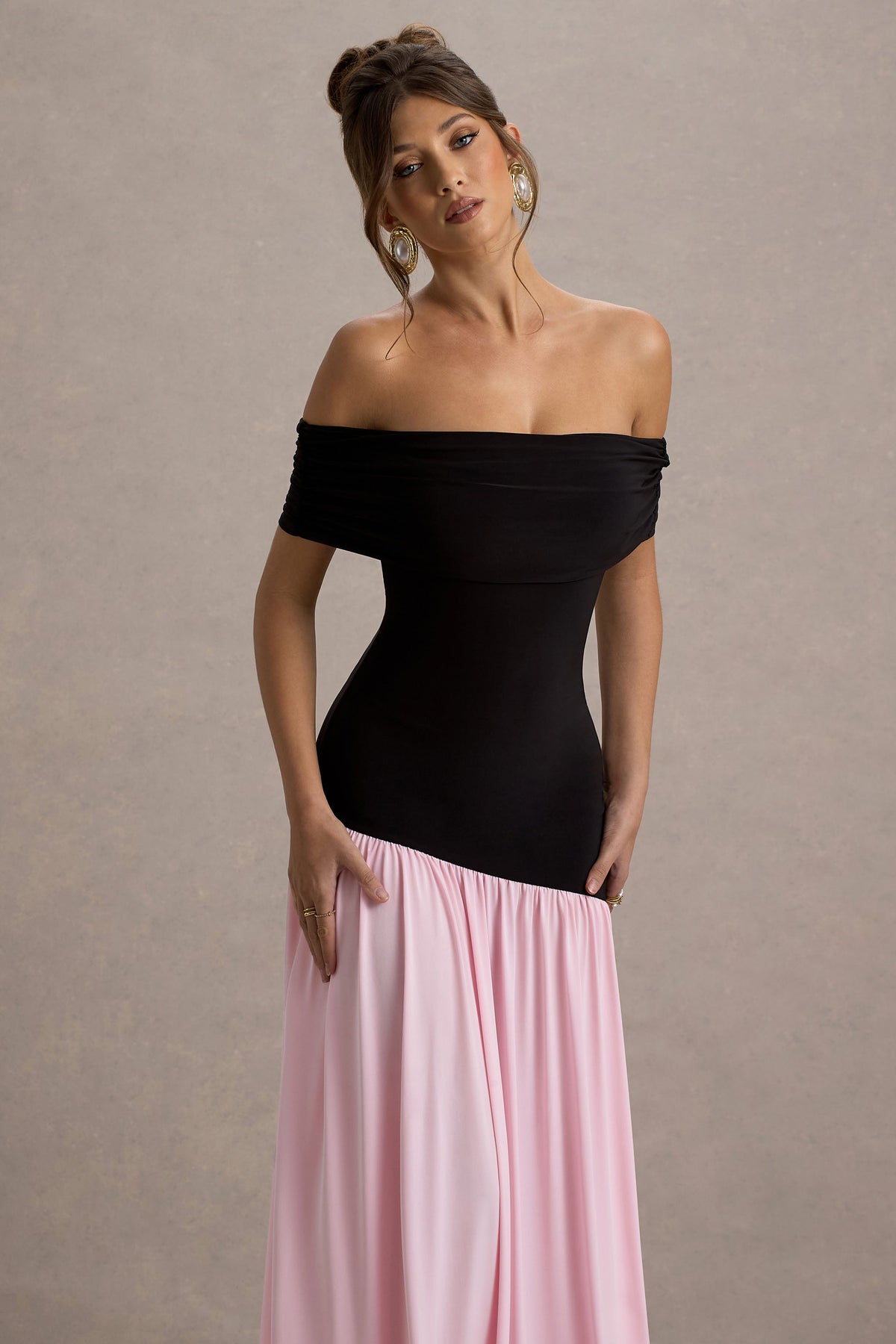 Venezia | Black & Pink Bardot Maxi Dress With Drop-Waist