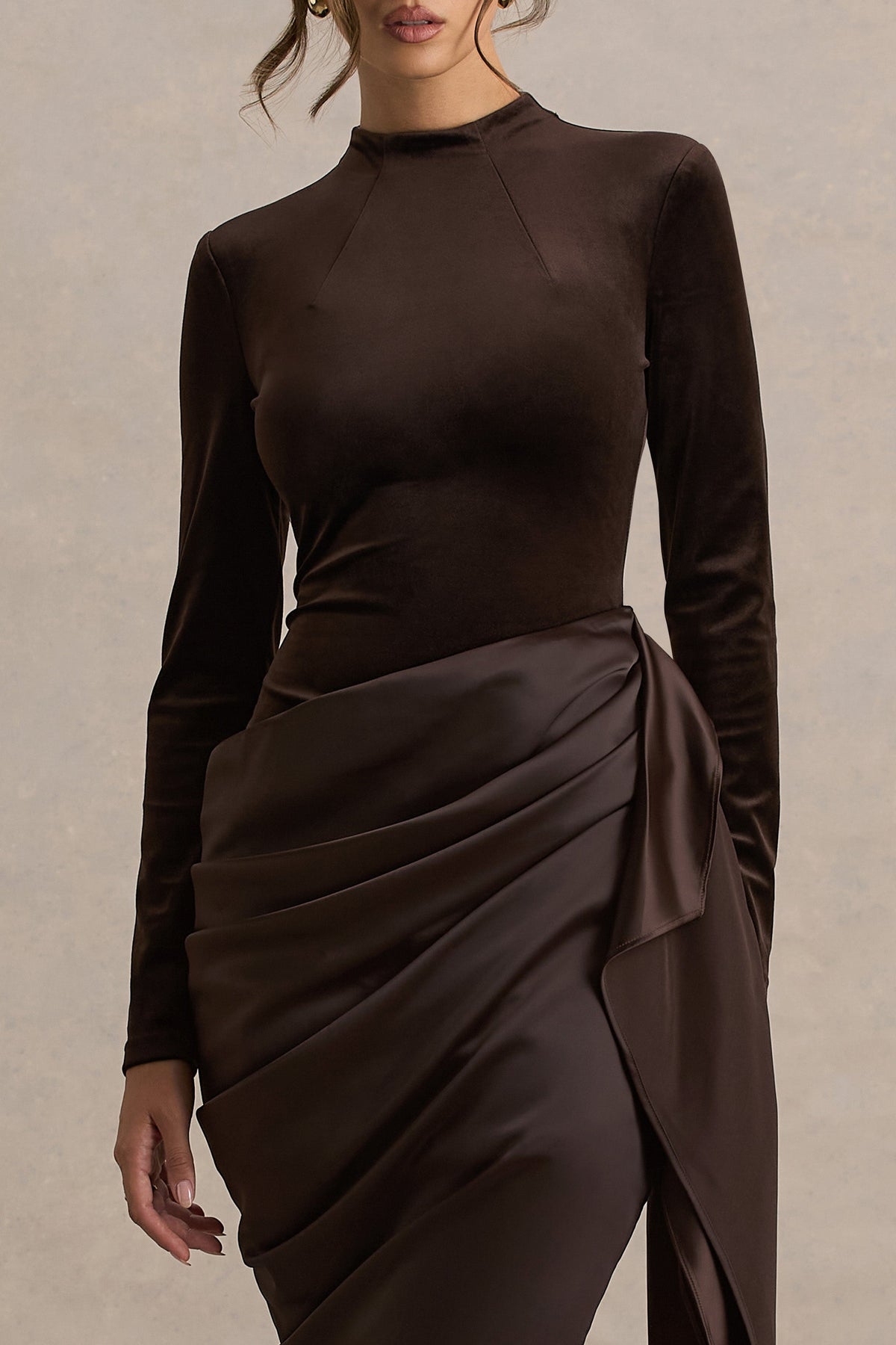 Sasha | Brown Satin And Velvet Midi Dress With Wrap-Detail