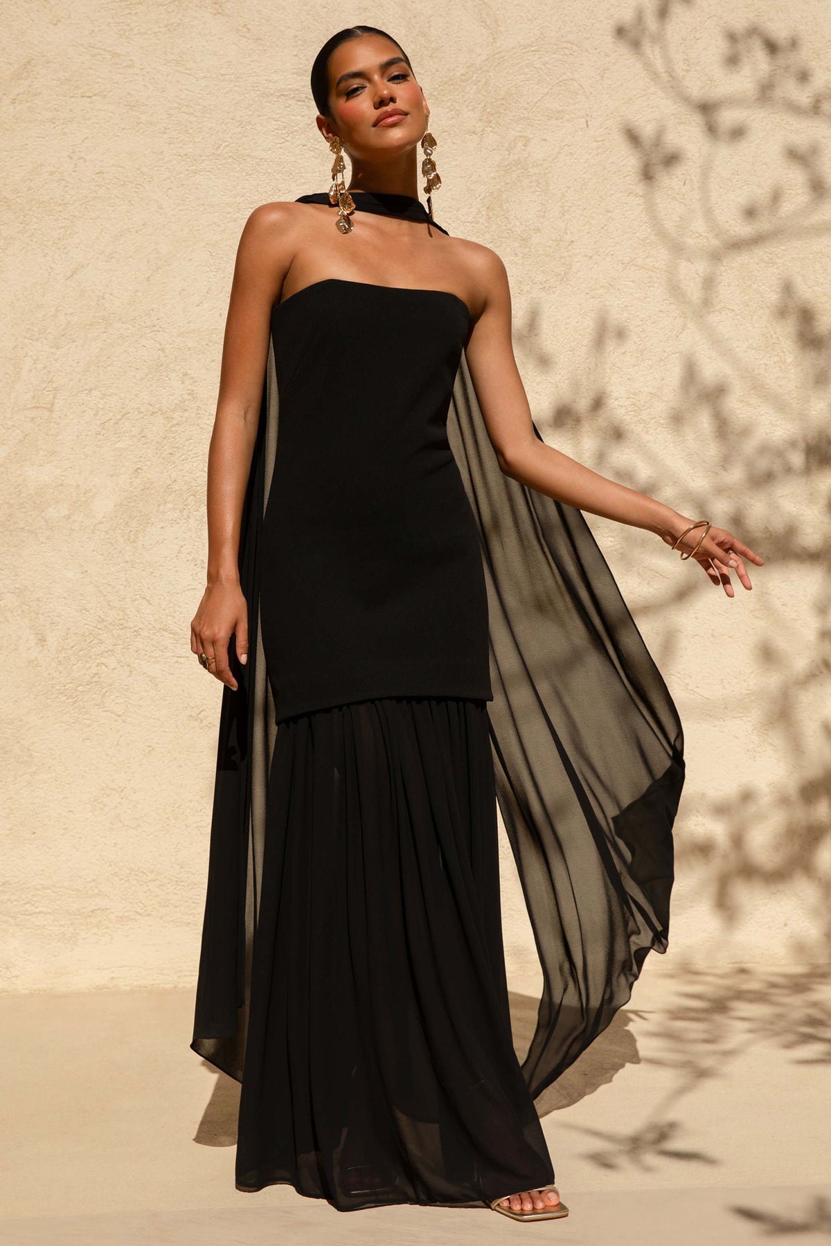 Kylie | Black High-Neck Maxi Dress With Chiffon Skirt