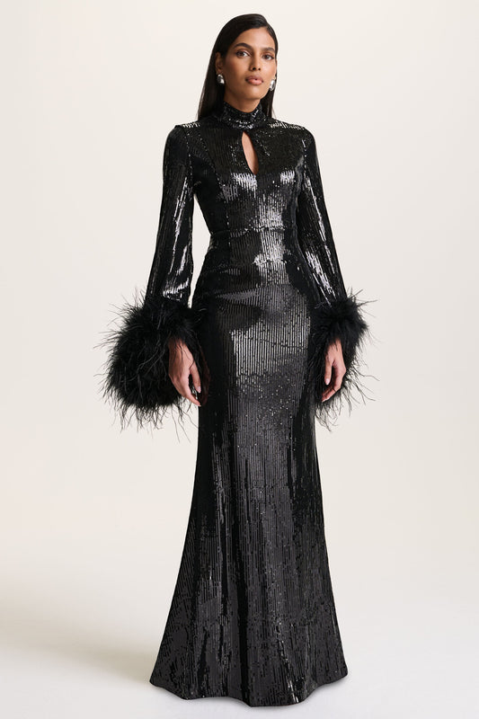 Cosmic Star | Black Sequin High-Neck Maxi Dress With Feather Cuffs