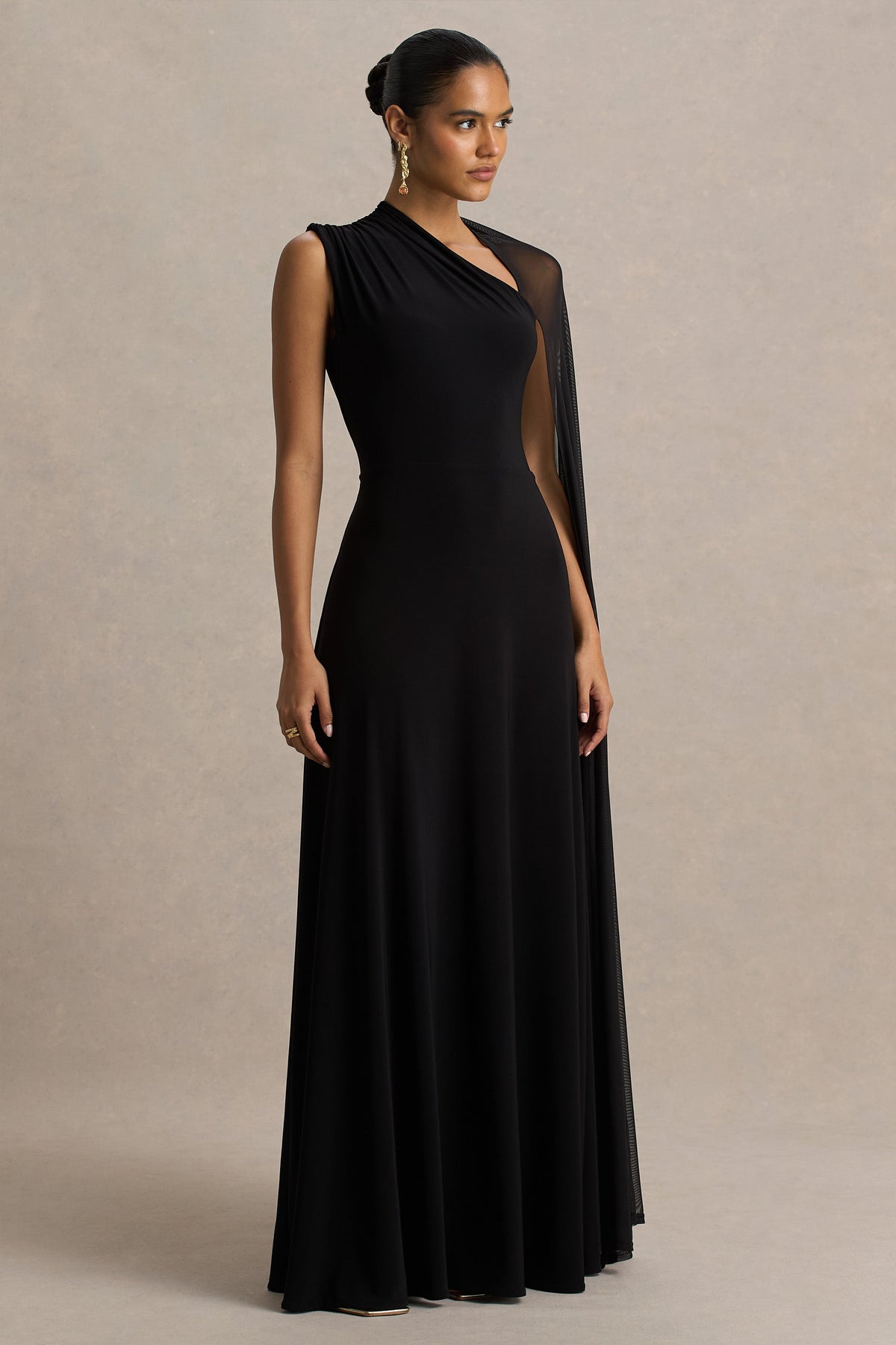 Selena | Black High-Neck Maxi Dress With Cut-Out And Cape Sleeve Detail