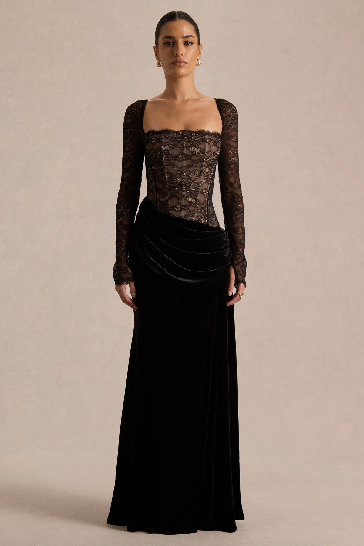 Finesse | Black Lace And Velvet Square-Neck Maxi Dress With Draped Skirt