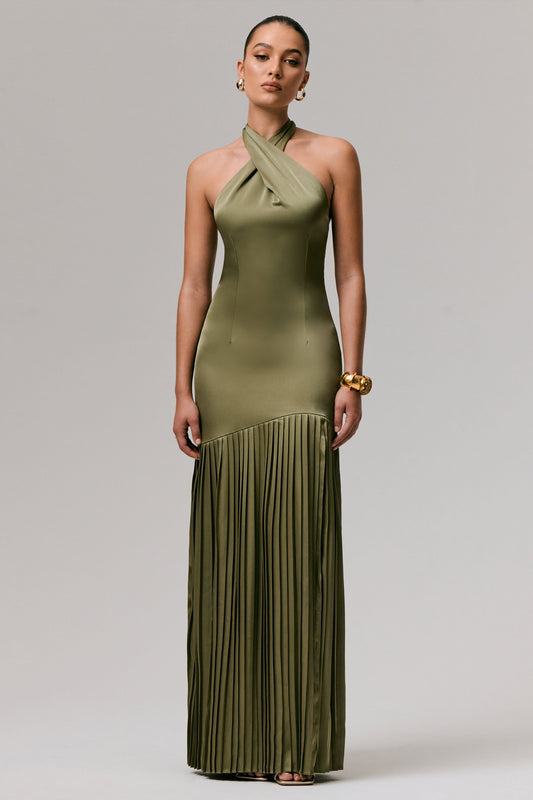 Sansa | Khaki Satin Cross Halter-Neck Plisse Maxi Dress