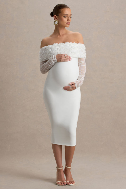 Adita | White Mesh Floral Bardot Maternity Midi Dress