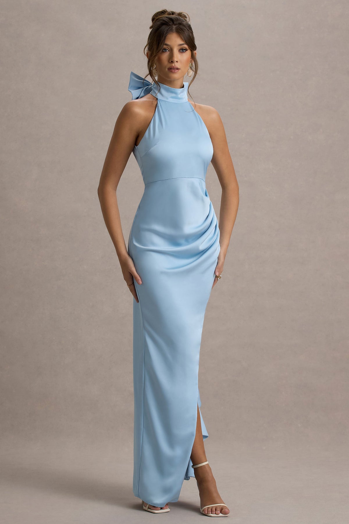 Maureen | Powder Blue Satin High-Neck Draped Maxi Dress