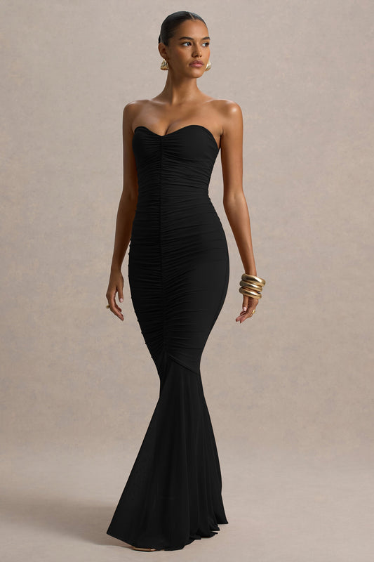 Talisa | Black Bandeau Ruched Maxi Dress With Mesh Fishtail