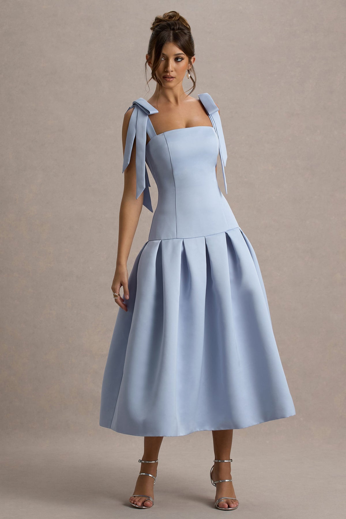 Alberta | Powder Blue Satin Square-Neck Midi Dress With Bow Straps