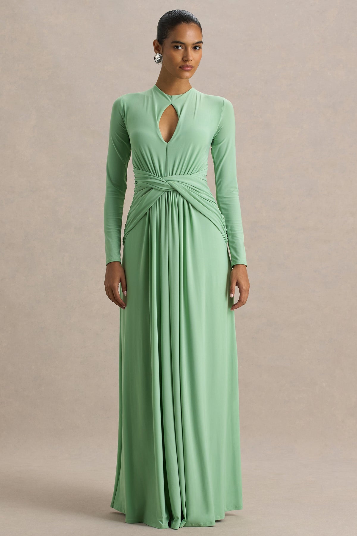 With Me | Green High-Neck Maxi Dress With Ruched Detailing