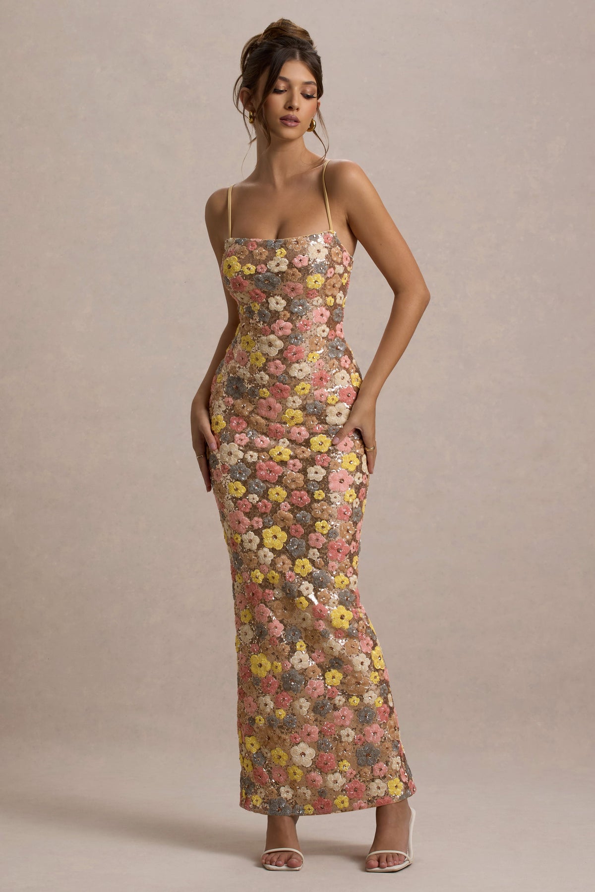 Vitora | Pastel Floral Sequin Bandeau Maxi Dress With Back Split