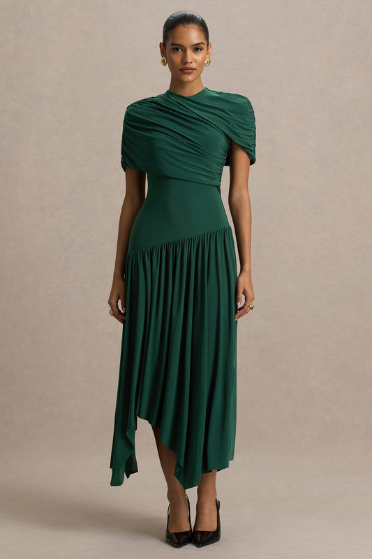 Ione | Teal Wrapped Midi Dress With Hanky Hem