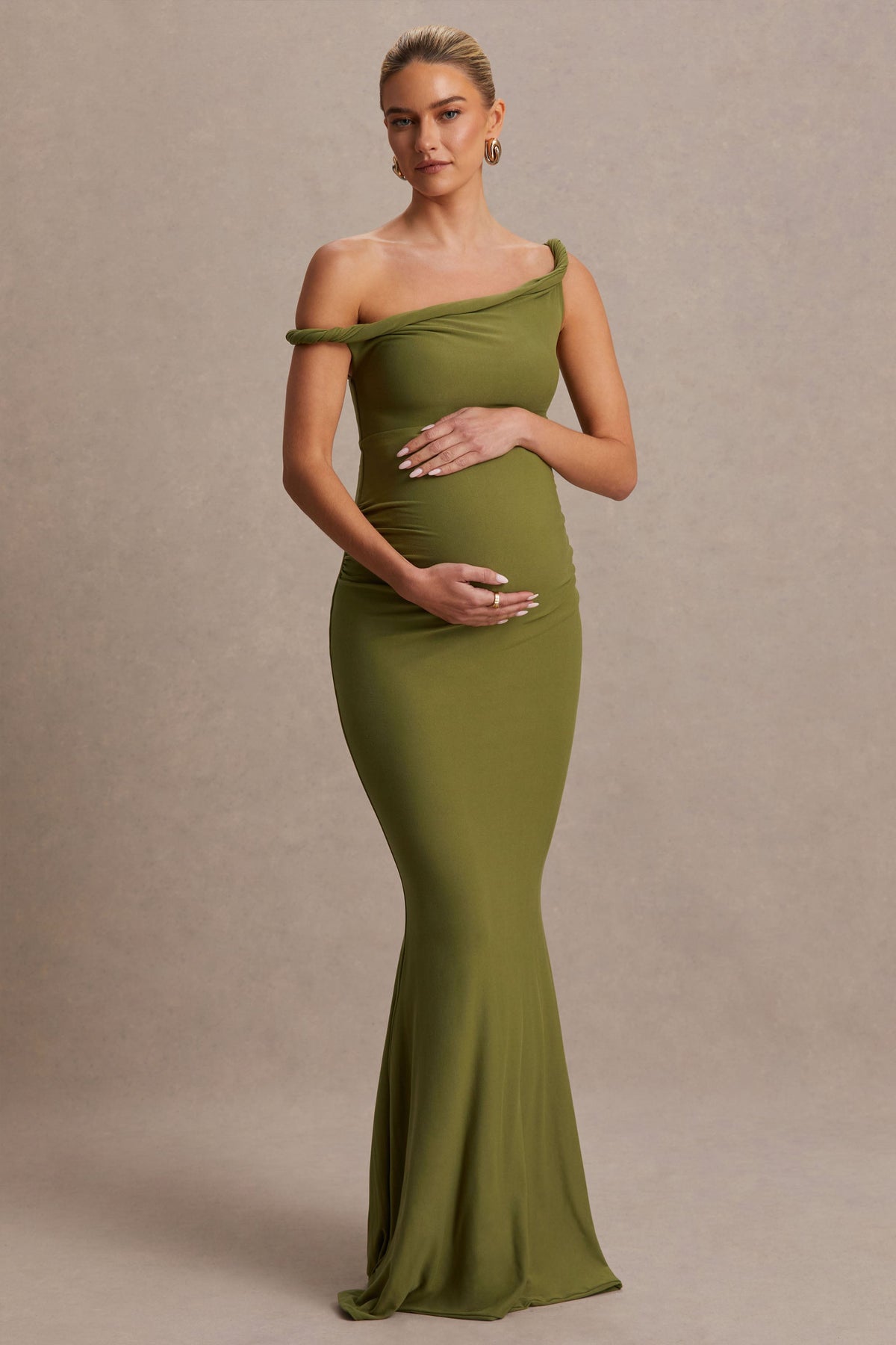 Lita | Olive Twisted Asymmetric Maternity Maxi Dress