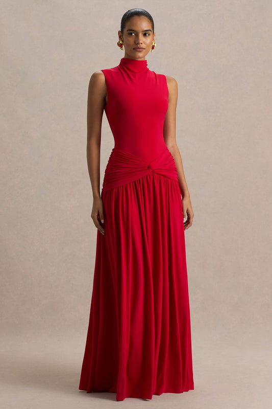 Cascade | Red High-Neck Maxi Dress With Twist Detail