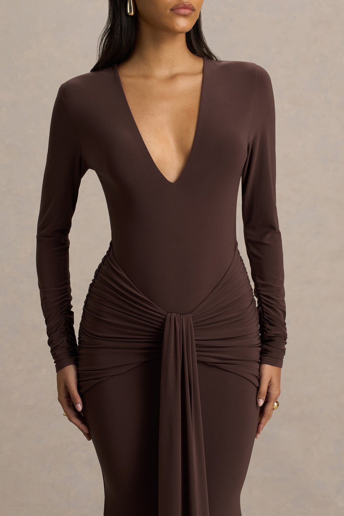 Saffie | Chocolate Extreme-Plunge Wrap Maxi Dress With Long-Sleeves And Ruched Detailing