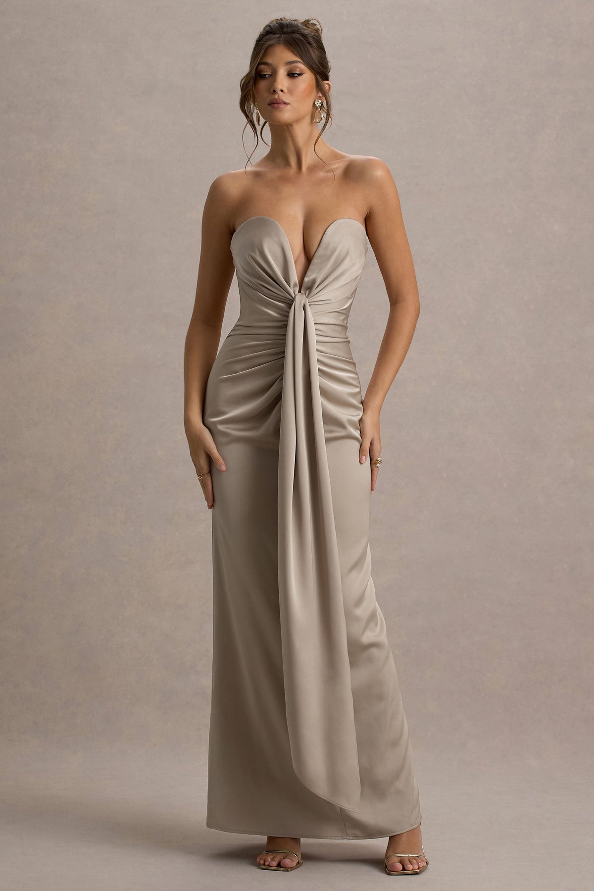 Mackenzie | Champagne Satin Plunge-Neck Draped Maxi Dress