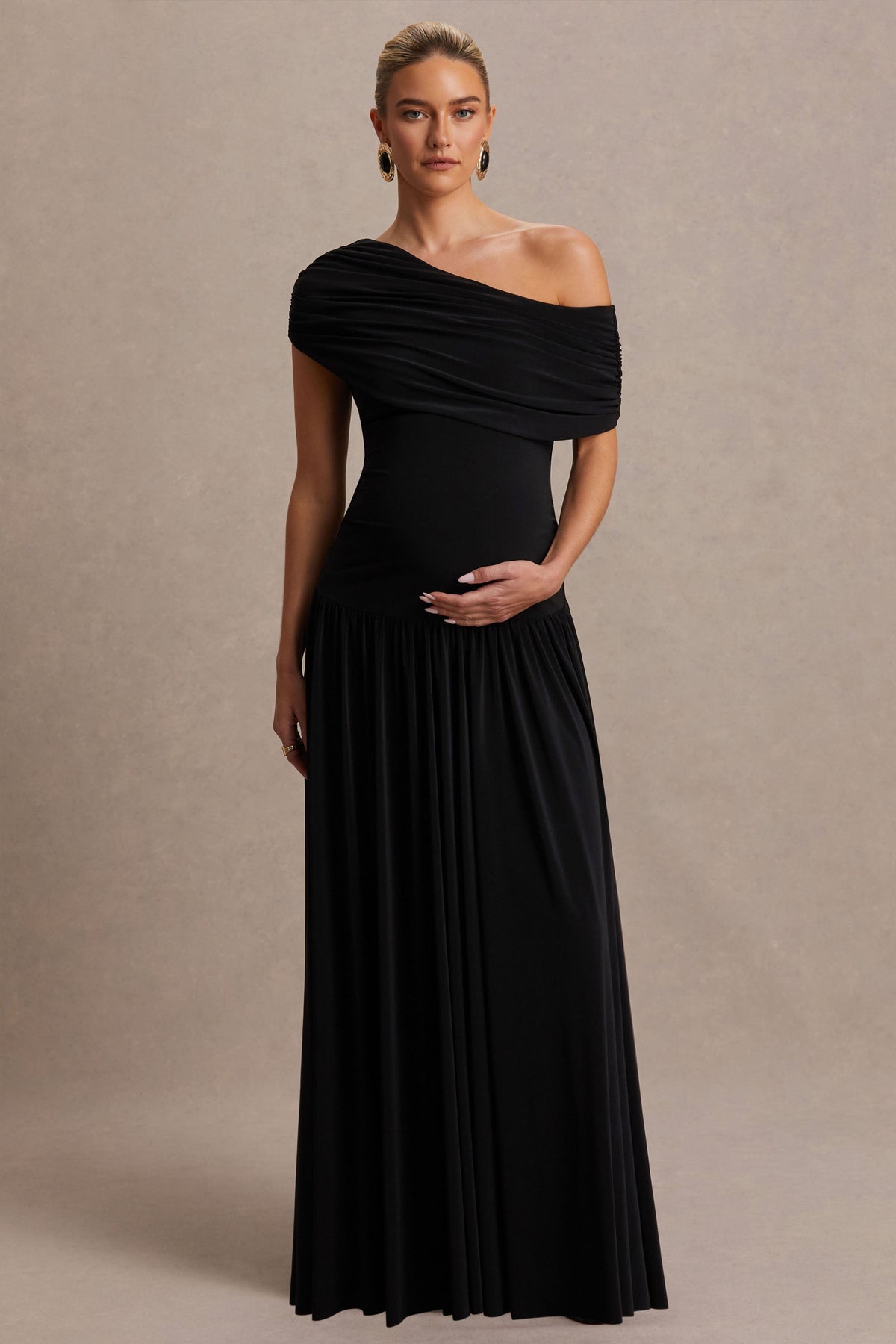 Noah | Black Jersey Ruched One Shoulder Maternity A-Line Maxi Dress With Drop Waist