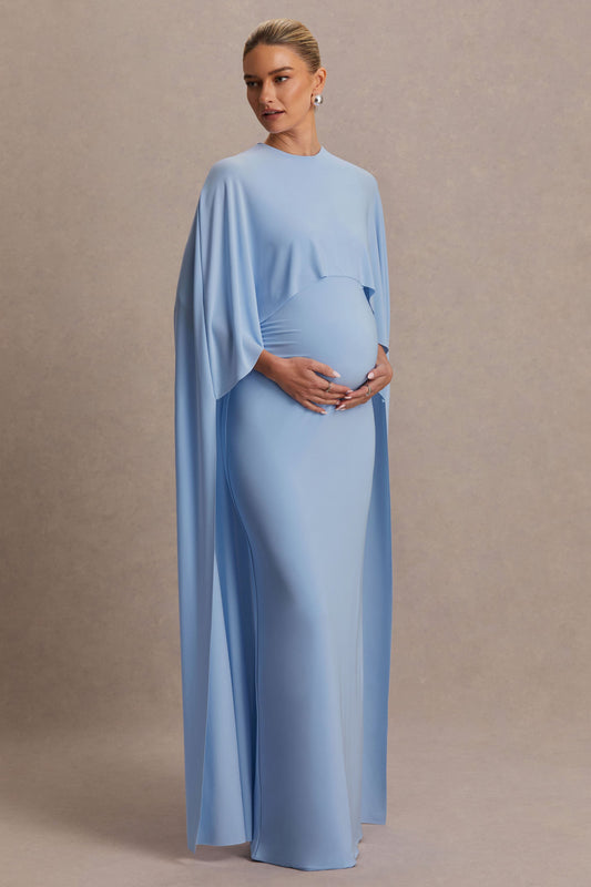 Padma | Powder Blue Draped Maternity Maxi Dress With Cape Sleeves