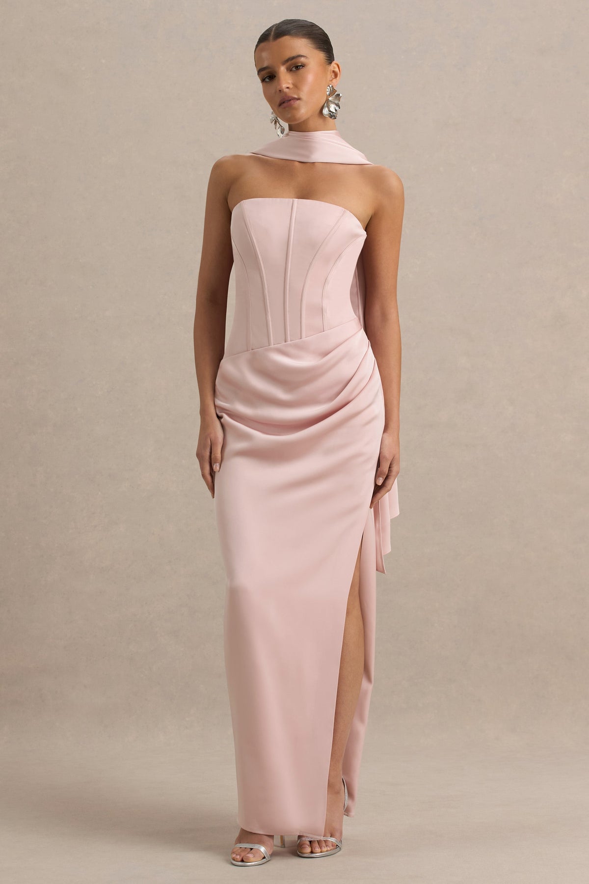 Joseline | Pale Pink Satin Corset Wrap Maxi Dress With Scarf