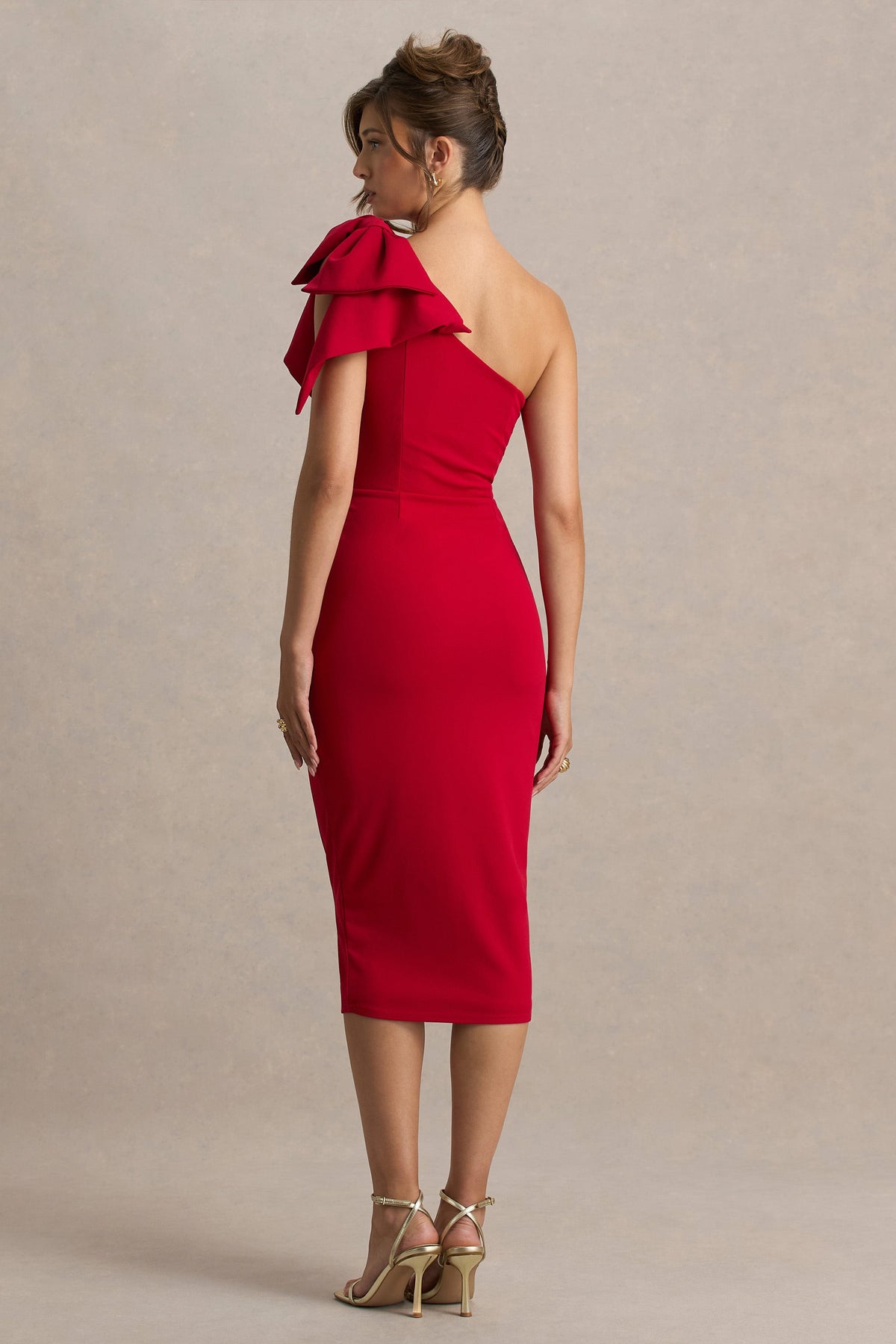 Ambretta | Red One-Shoulder Midi Dress With Bow