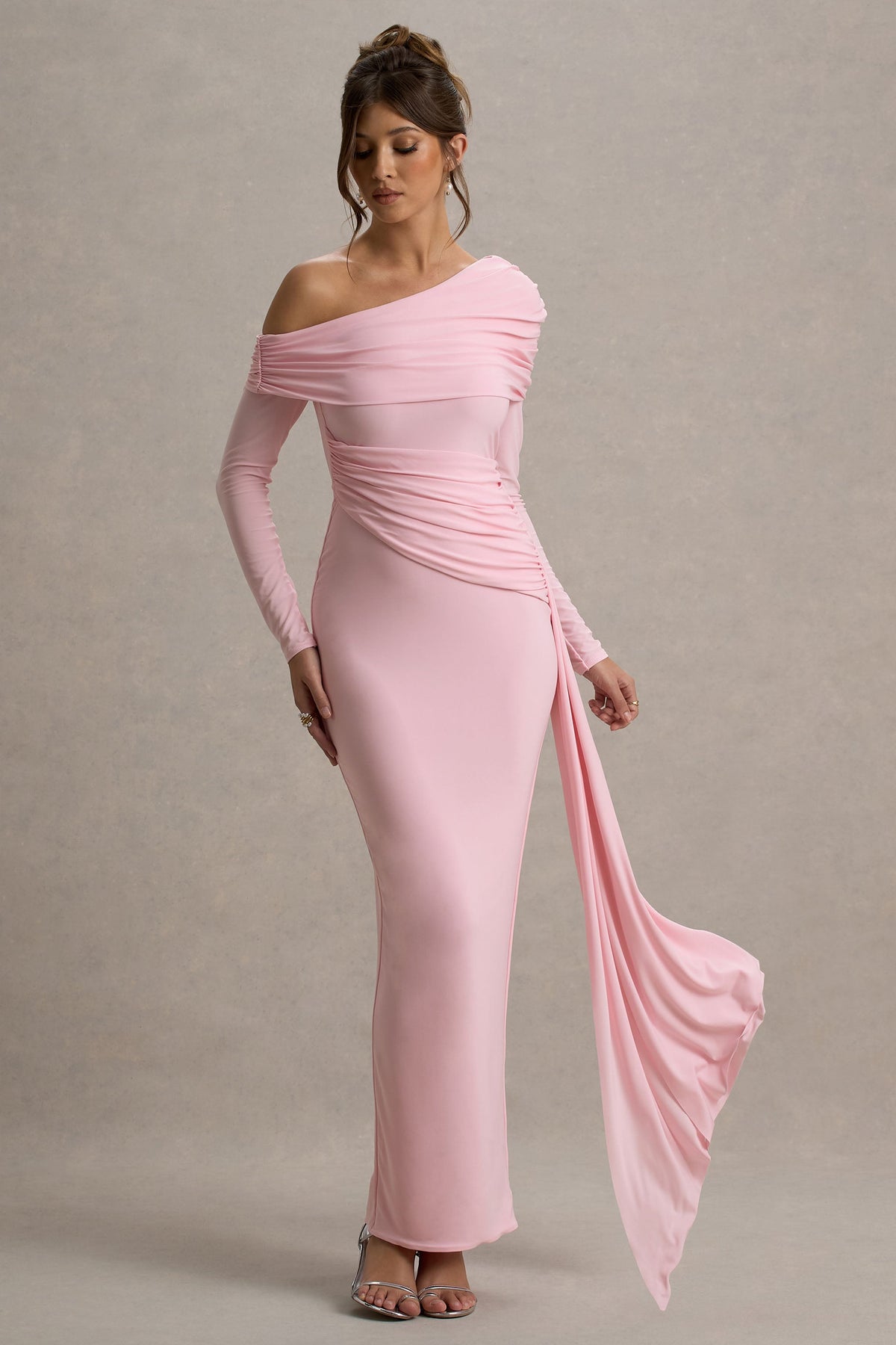 Valina | Pink Ruched Asymmetric Maxi Dress With Drape