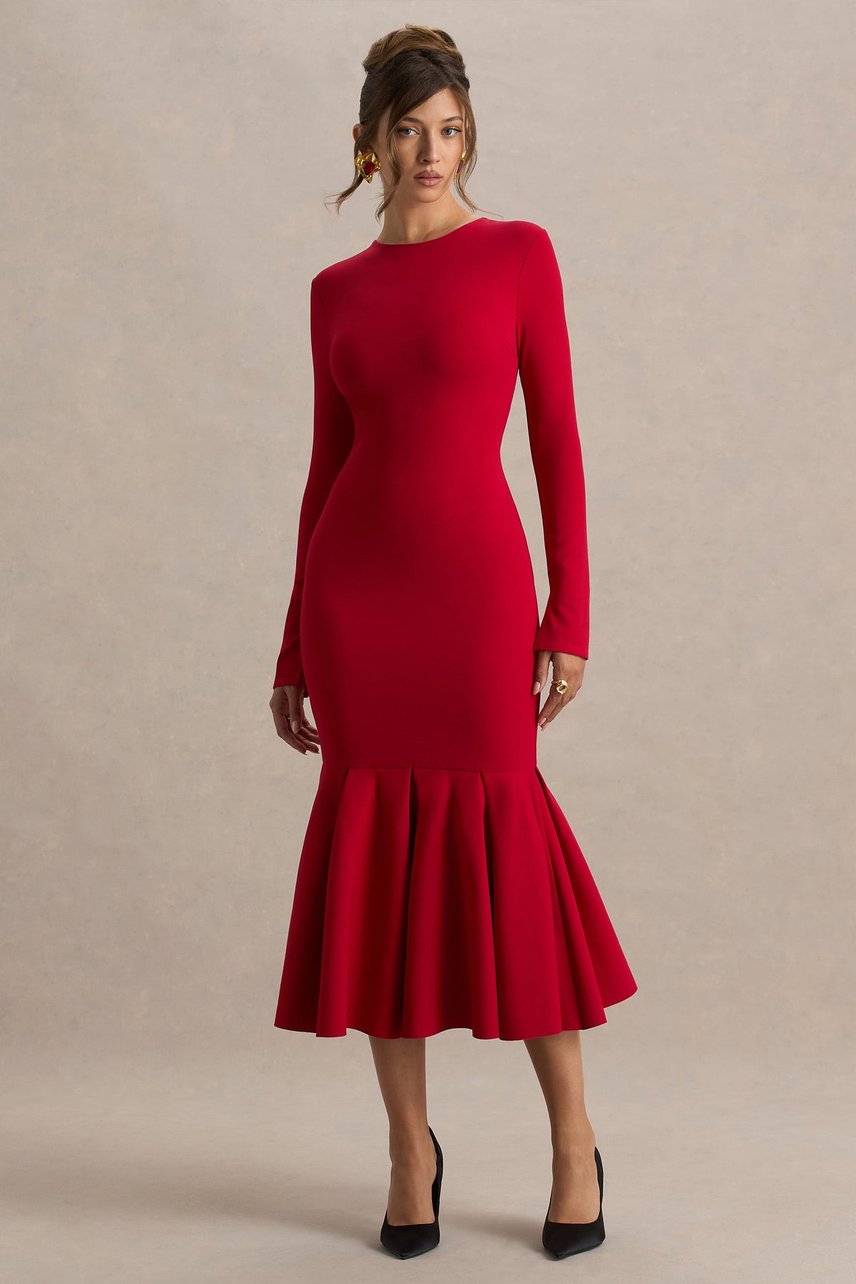 Liberty | Red High Neck Mermaid Midi Dress With Ruffling Detail