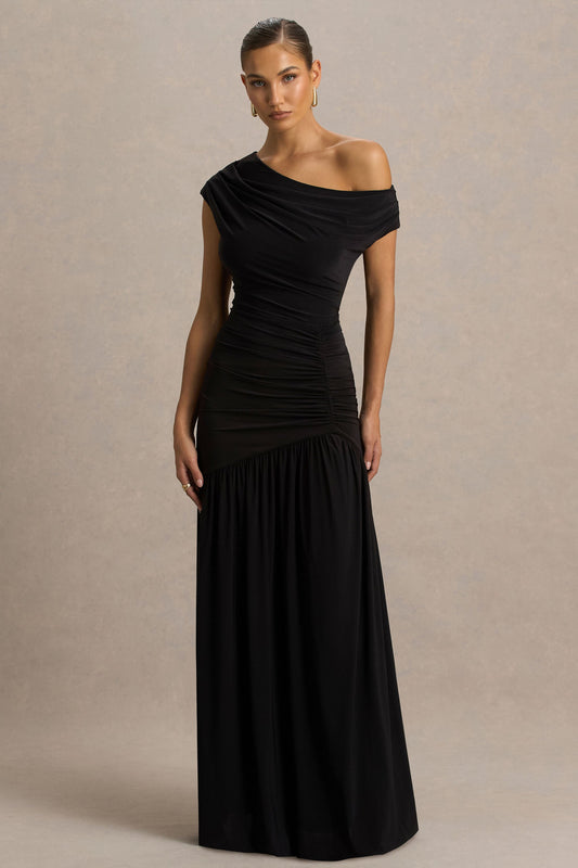 Kady | Black Asymmetric-Neck Maxi Dress With Ruched Detailing and Front-High Split