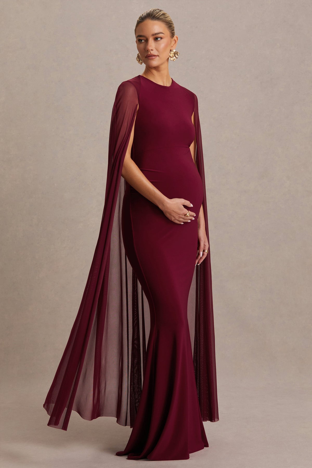 Currant | Berry High-Neck Maternity Maxi Dress With Cape