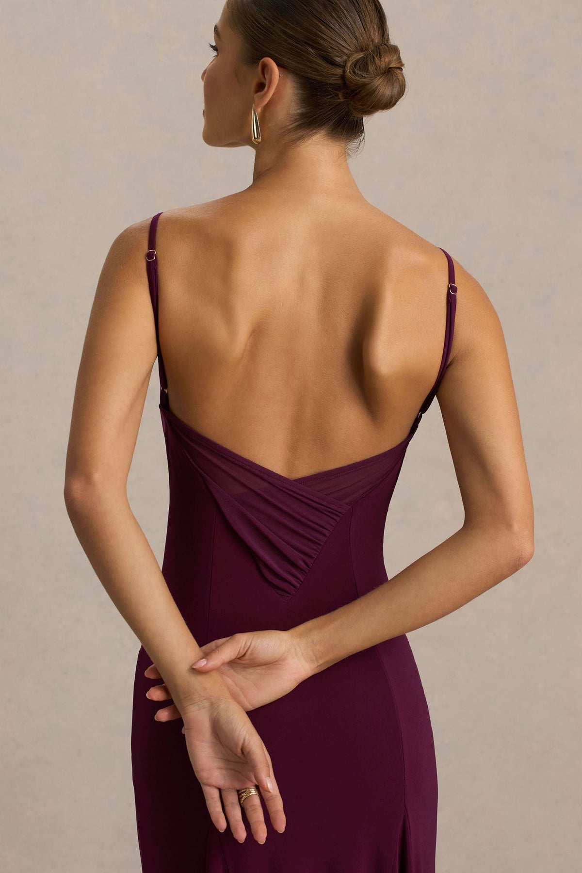 Gabbie | Burgundy Cowl-Neck Maxi Dress With Mesh Back Detail