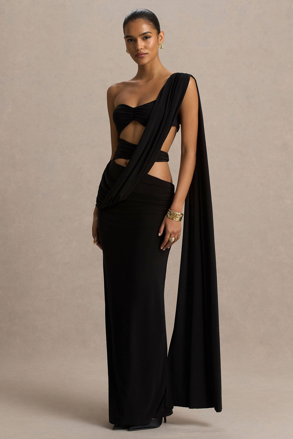 Nebula | Black Bandeau Maxi Dress With Body Cut-Out Details