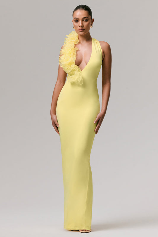 Harriet | Lemon Plunge-Neck Maxi Dress With Floral Detail