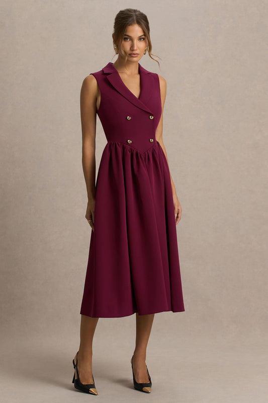 Lisa | Burgundy Plunge-Neck Tailored Midi Dress With Button-Detailing