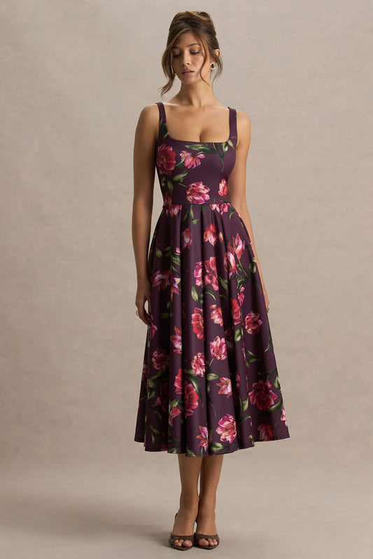 Berta | Burgundy Floral Print Scuba Square Neck A-Line Midi Dress
