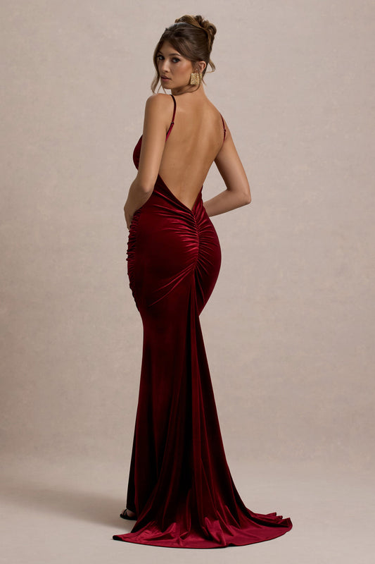 Adele | Berry Velvet Ruched Strappy Fishtail Maxi Dress