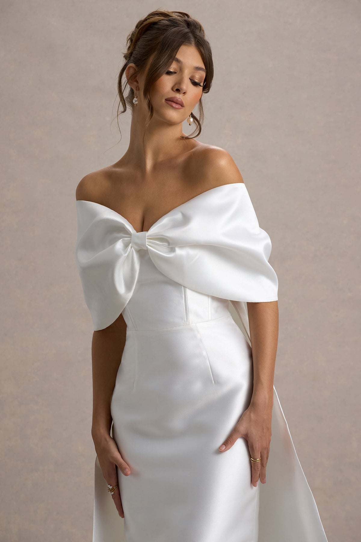 Wanting More | Off White Satin Cape Maxi Dress With Oversized Bow